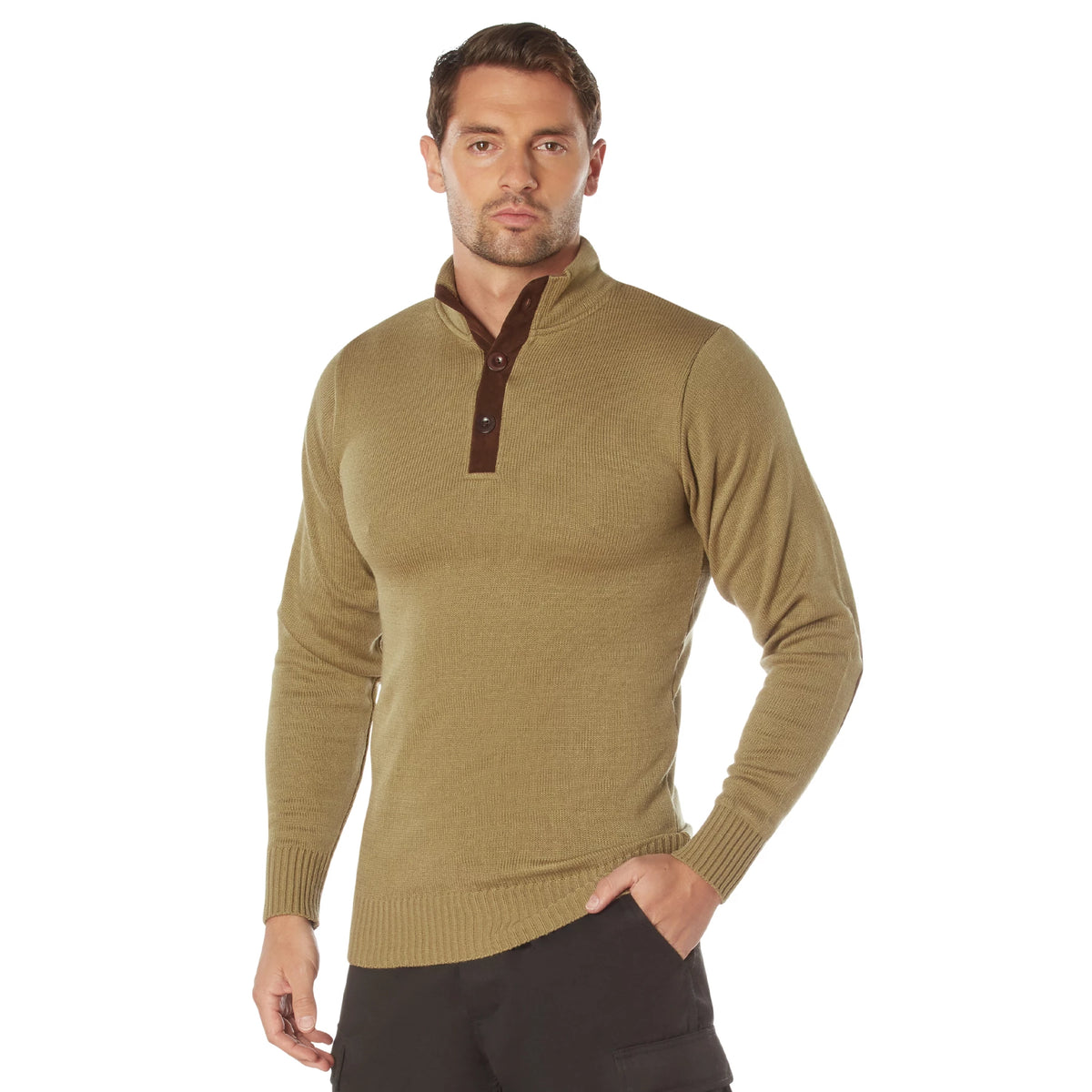 Rothco 3-Button Sweater with Suede Accents - Rothco 3805-KHAKI-2X