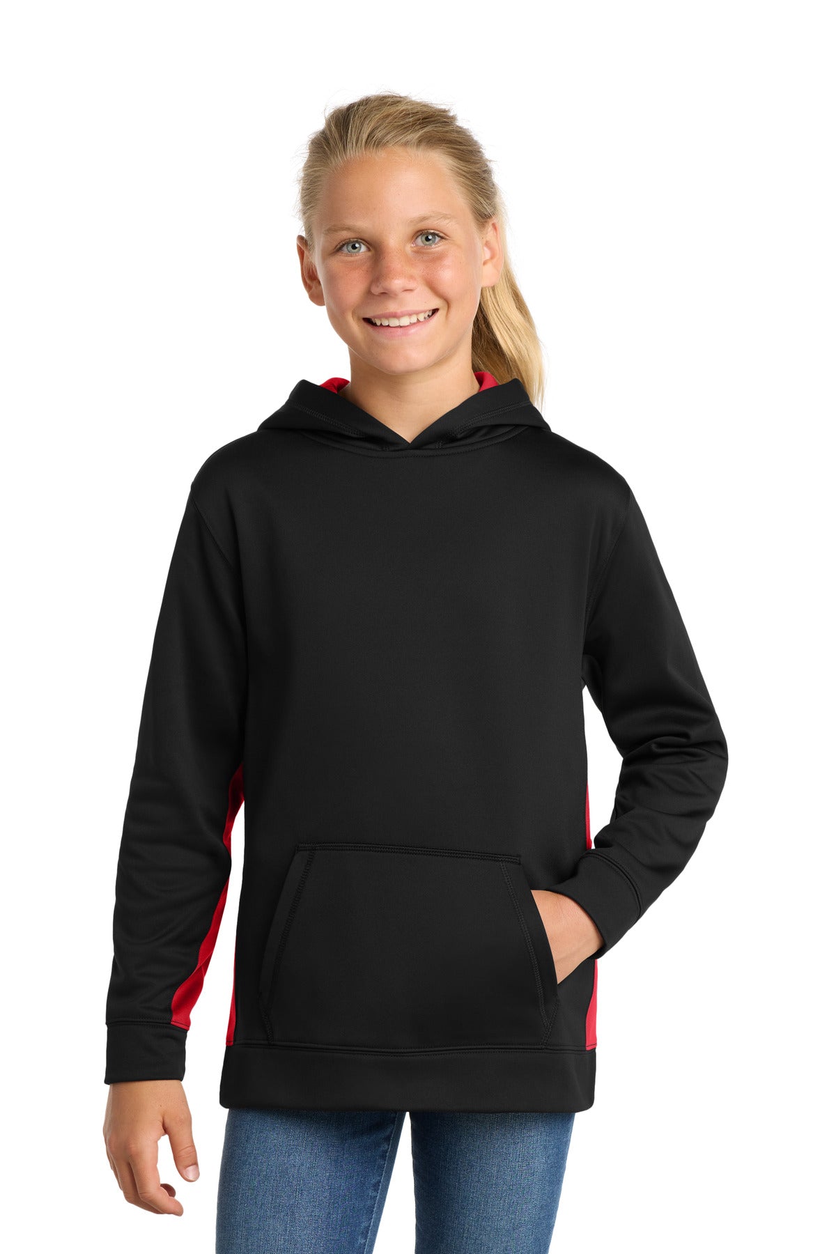 Sport-Tek® Youth Sport-Wick® Fleece Colorblock Hooded Pullover.  YST235
